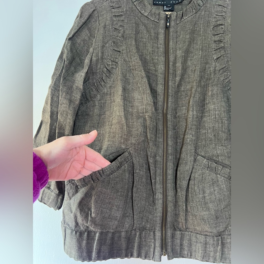 Yansi Fugel 100% Linen Bomber Utility Jacket Zip Front Ruched Soft Girl Artsy - Picture 7 of 10